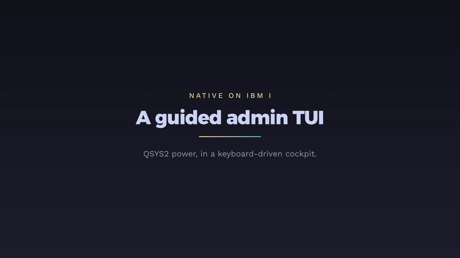 The iSMIT admin TUI running on IBM i: picking a task from a menu, filling named fields, and seeing the exact native command in a preview before it runs. Includes safety guardrails that refuse destructive actions like DLTLIB on system libraries or ending the operator's own job.